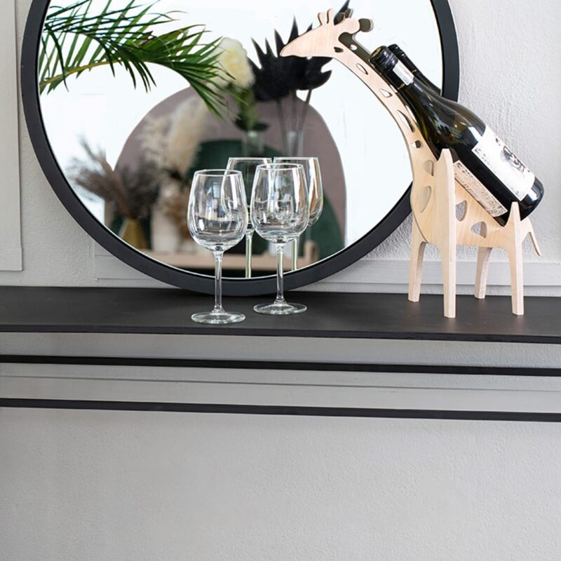 Birch Giraffe Wine Bottle Stand on drinks counter