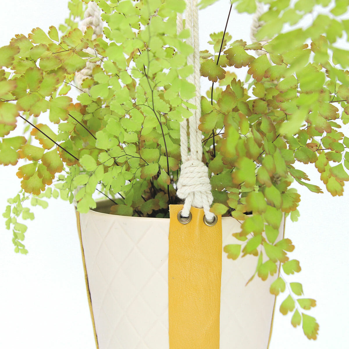 White Slingervel Macrame Plant Hanger with Mustard leather
