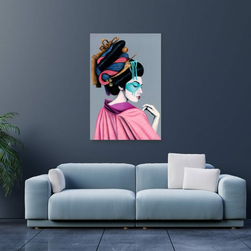 Fuku - Geisha Girl Canvas Print hanging on a wall above a couch