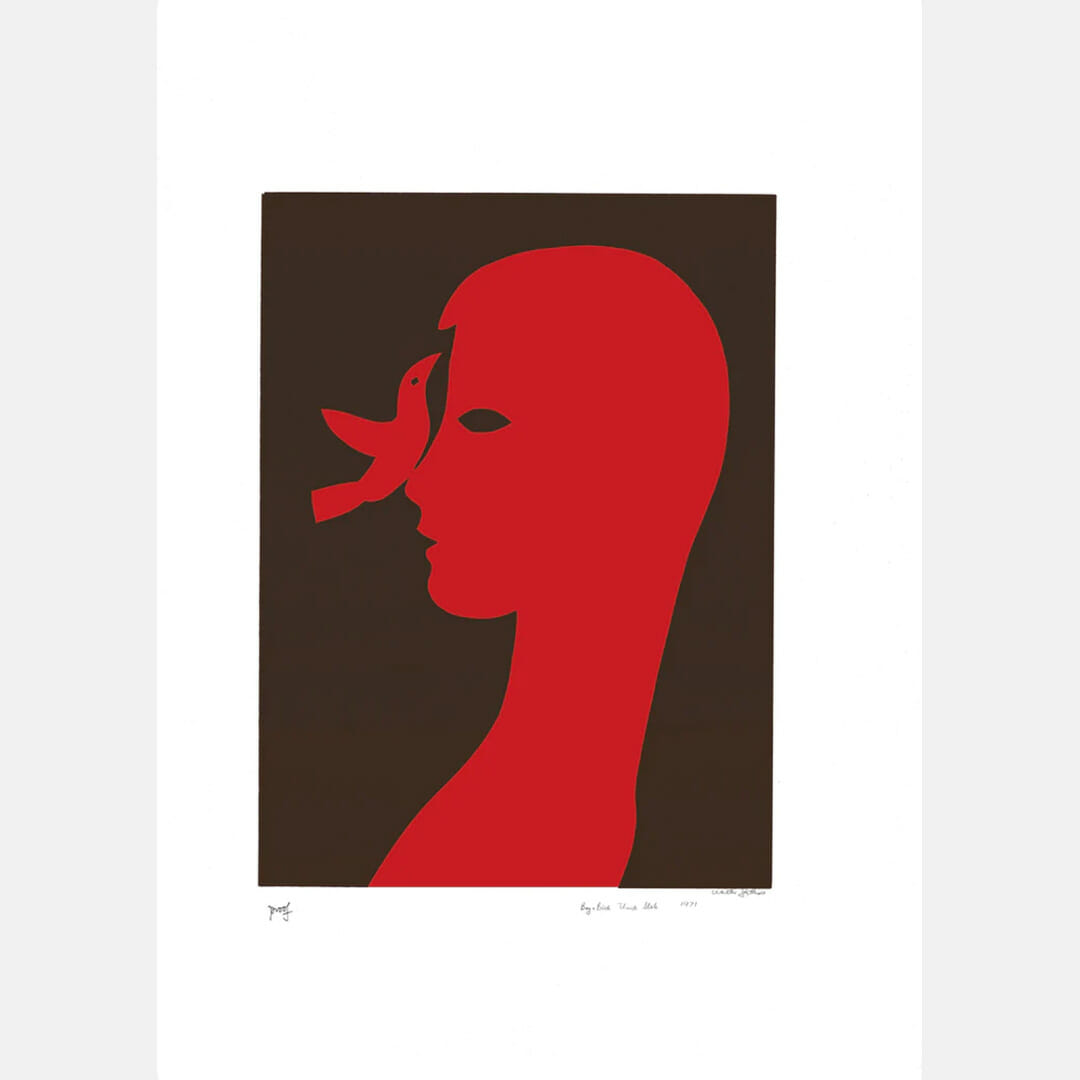 Bird on Nose - Red Art Print by Walter Battiss