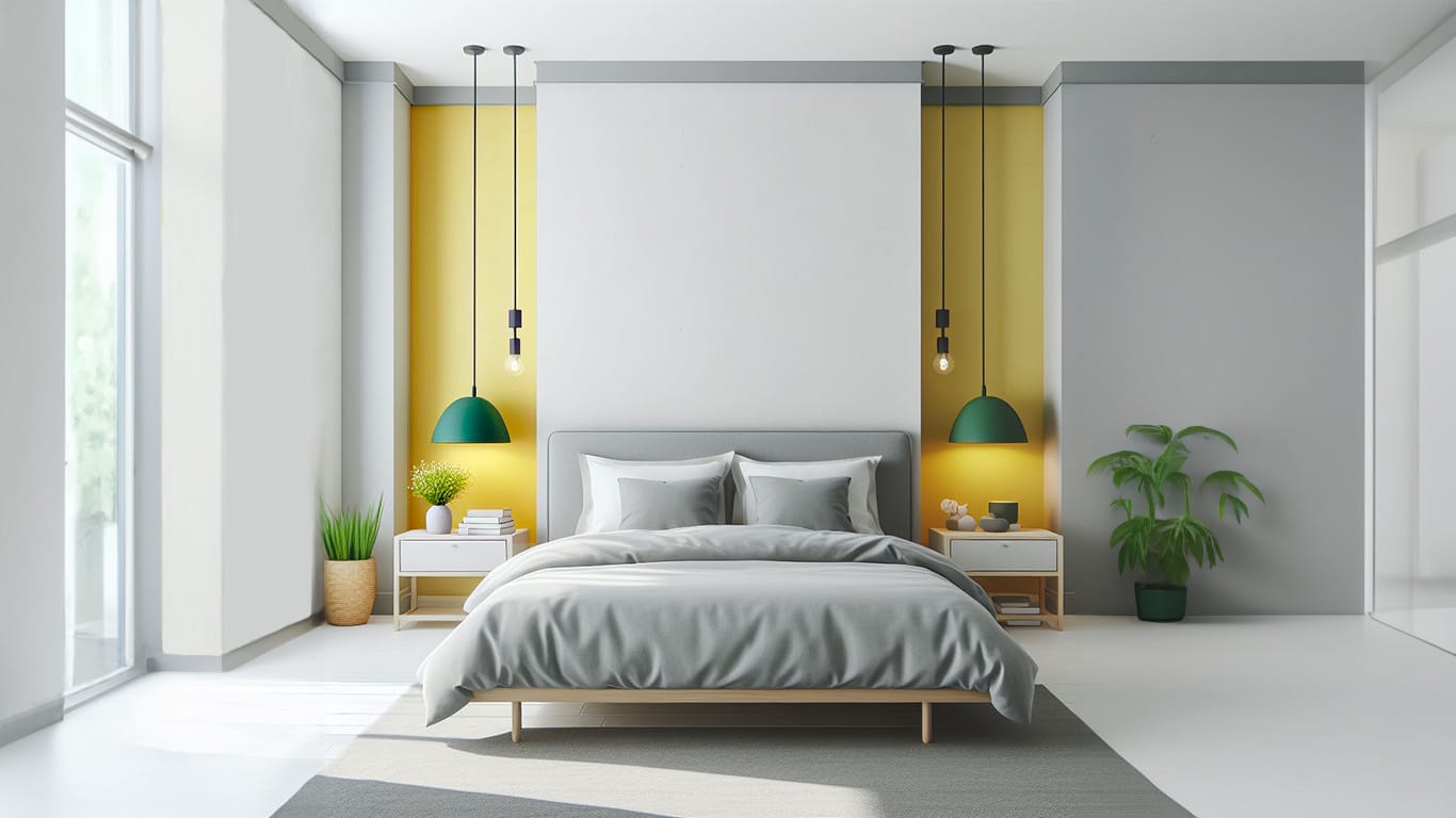Bedroom with green and yellow as analogous colours