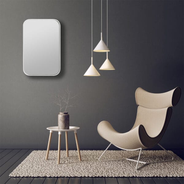 White Deep Frame Rounded Rectangle Mirror on Reception Wall