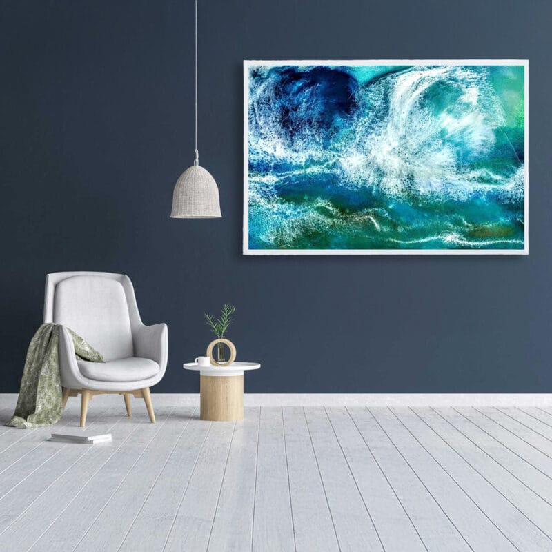Crashing Stretched Canvas Print by Marelize in White Frame on Dark feature Wall