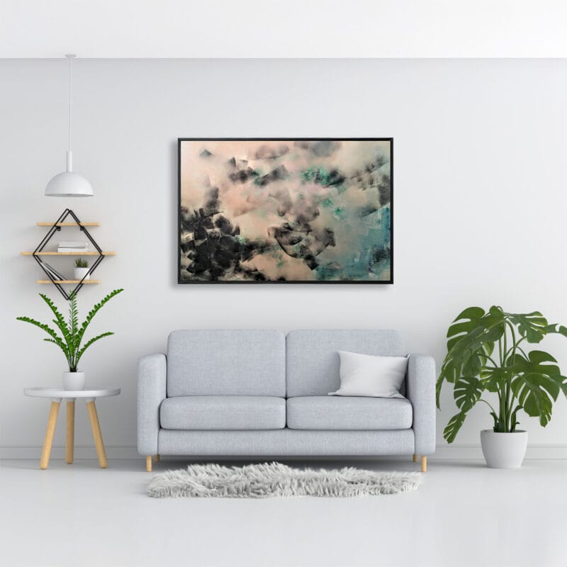 Fade to Grey Stretched Canvas Print by Marelize in Black Frame on Living Room Wall