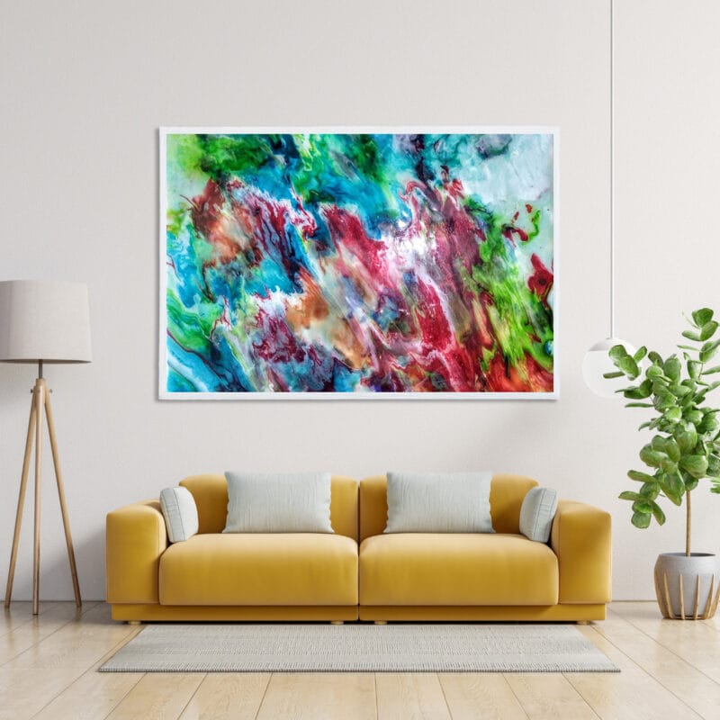 Happy Stretched Canvas Print by Marelize in White Frame above couch