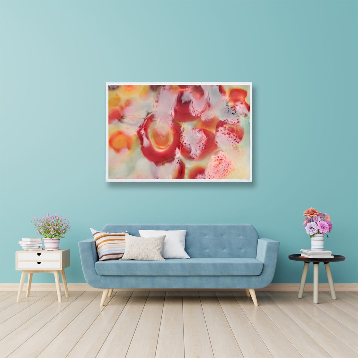 Nectarine Stretched Canvas Print by Marelize in White Frame above couch