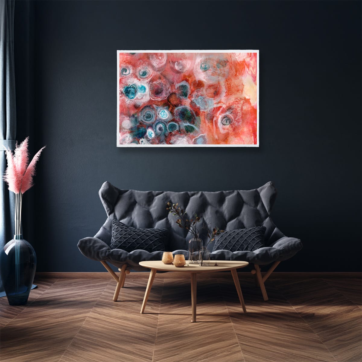 Blushing Stretched Canvas Print by Marelize in White Frame on Dark Wall