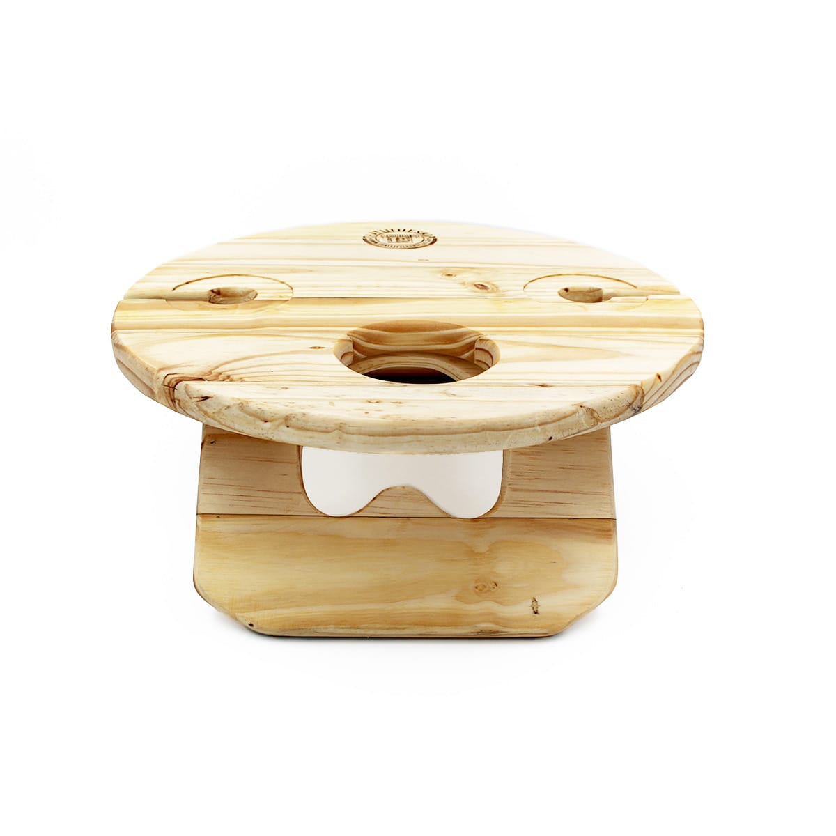 Reclaimed Round Portable Picnic Table - bottle rest on leg