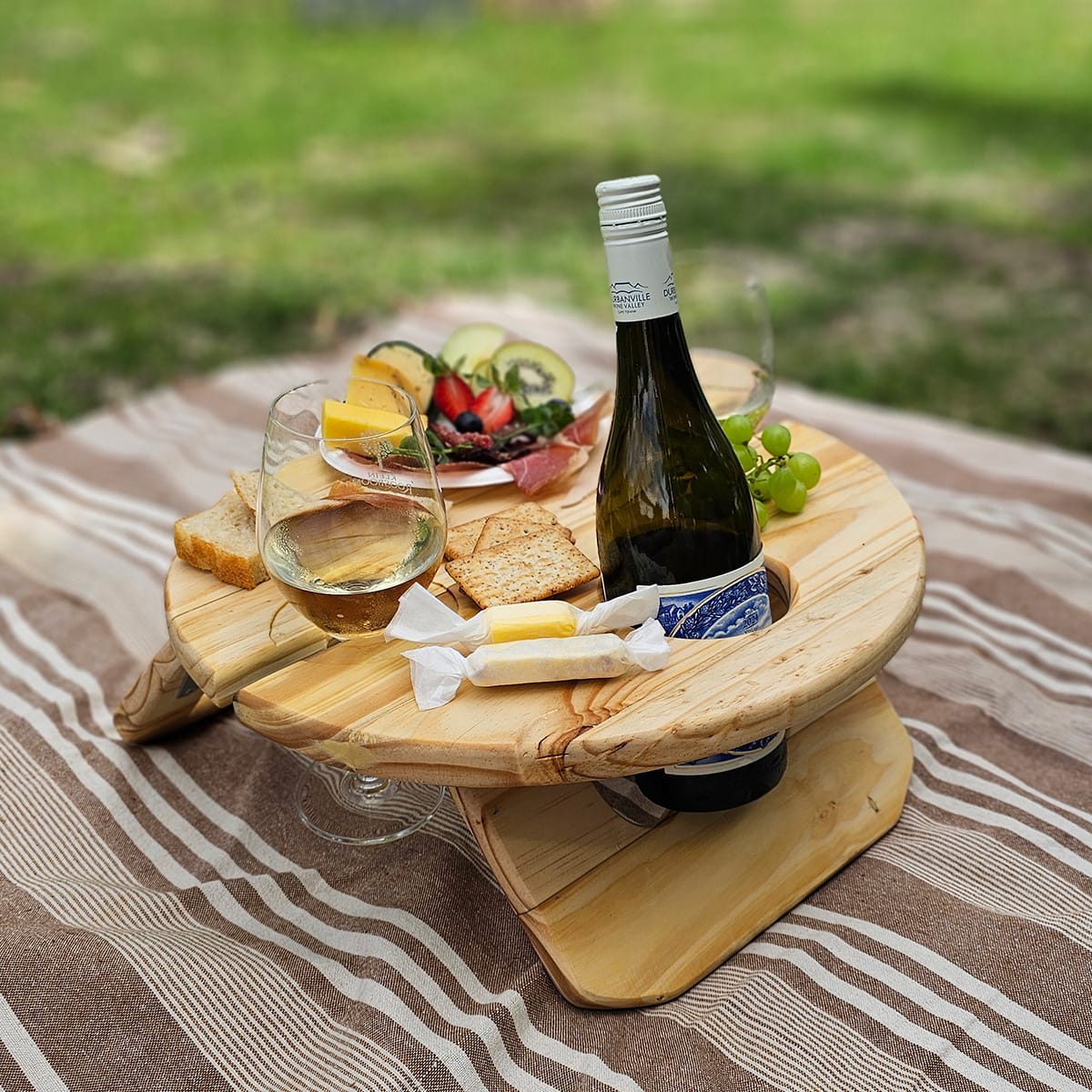 Reclaimed Round Portable Picnic Table with Wine & Cheese Platter