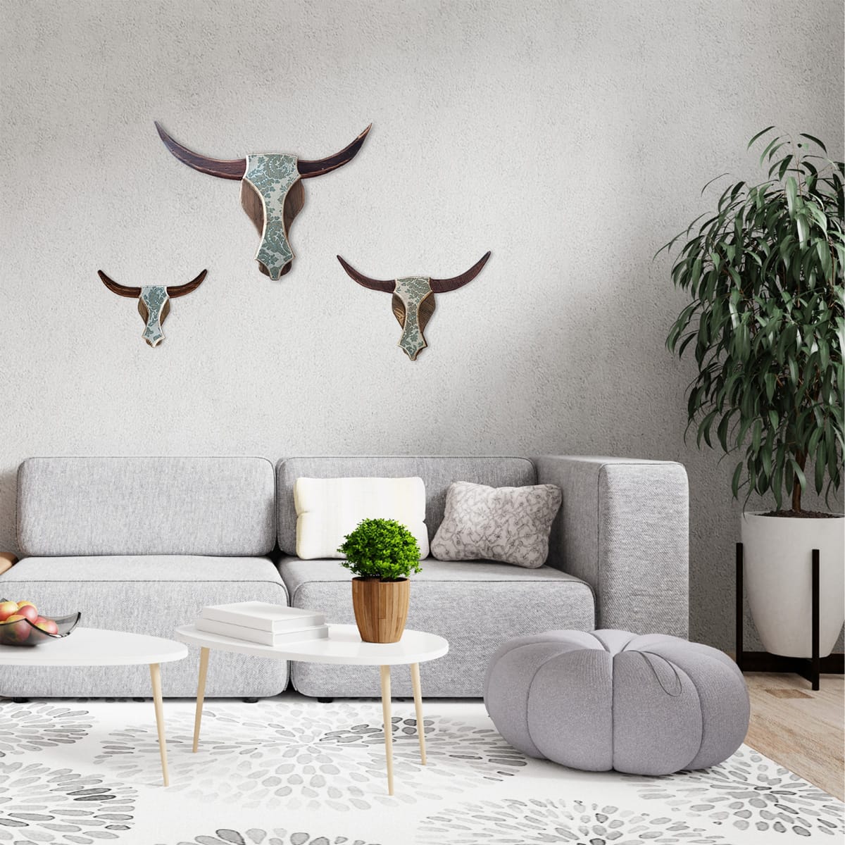 Antique Damask Wooden Bull Heads - Image 2