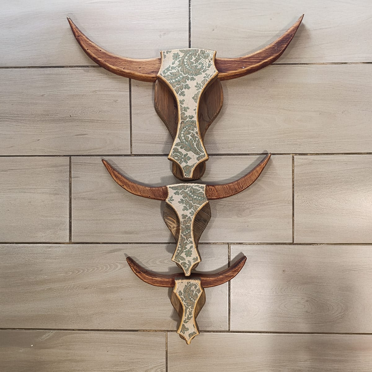 Antique Damask Wooden Bull Heads set of 3
