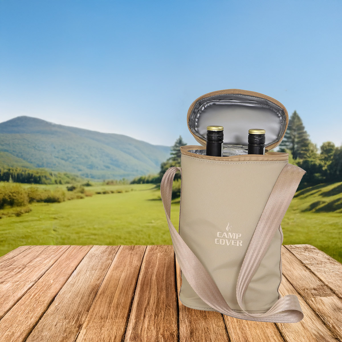 Wine Cooler Bag - Wheat colour on picnic table